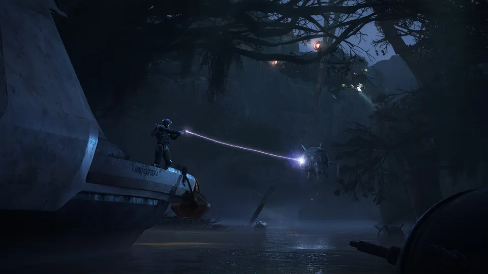 A soldier fires a laser rifle from the hull of a crashed ship in a misty swamp in Squadron 42
