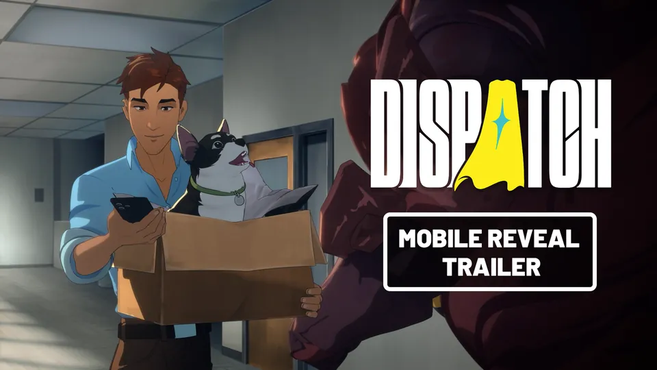 Robert Robertson holding a cardboard box with a dog beside the Dispatch logo and a Mobile Reveal Trailer label