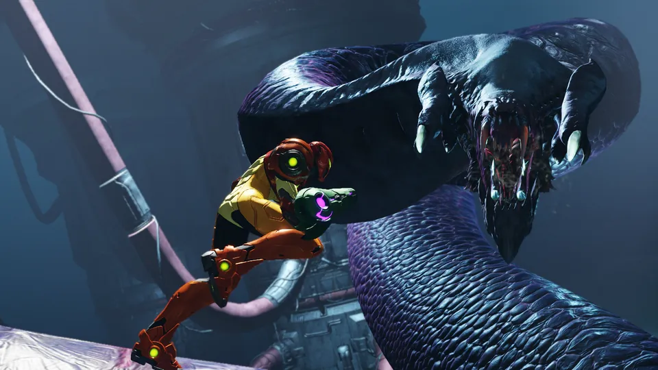 Samus Aran in the orange Power Suit leaps toward a giant serpent-like creature in a dark cavern in Metroid Ravenous