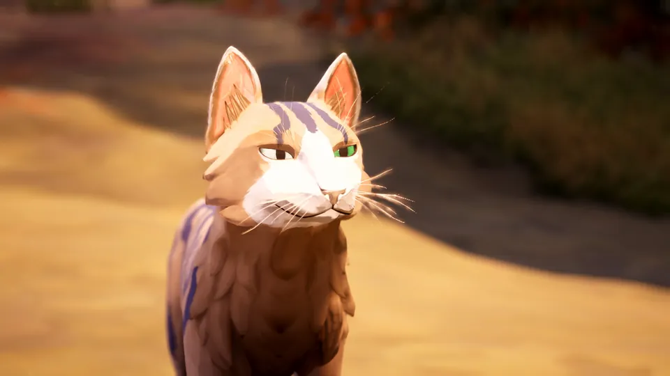 A ginger and white warrior cat with purple stripes and mismatched eyes stands on a sunlit trail in Warrior Cats: Clans of the Forest