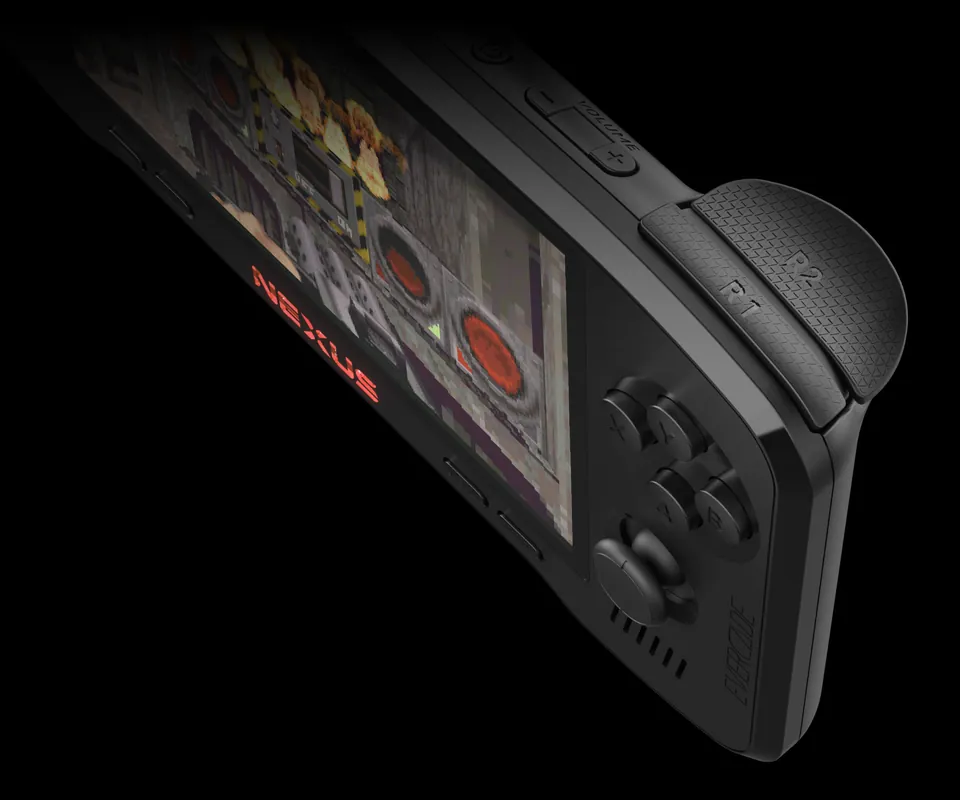 A close-up of the right side of the Evercade Nexus shows the R1 and R2 shoulder buttons above the face buttons and the right analog stick