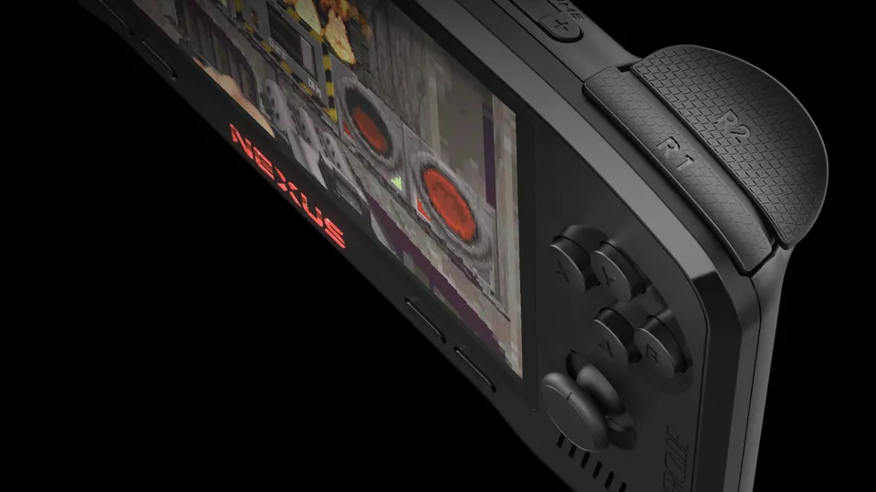 A close-up of the right side of the Evercade Nexus shows the R1 and R2 shoulder buttons above the face buttons and the right analog stick