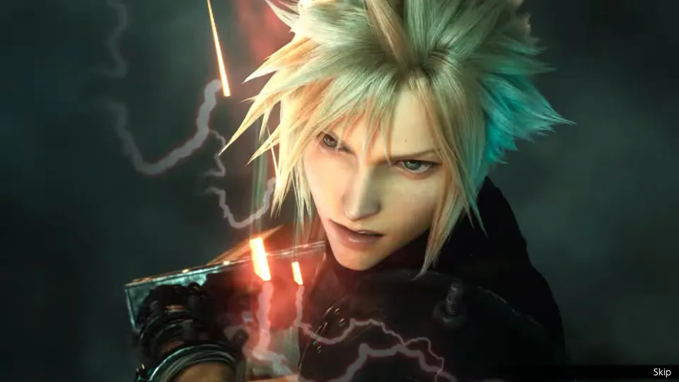 A spiky-haired swordsman stares ahead as sparks fly in a Final Fantasy Resonance cutscene