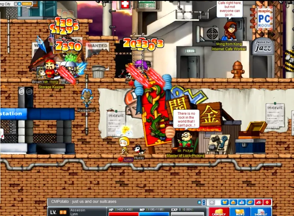MapleStory Classic World characters gather in Kerning City between brick buildings, an internet cafe and shop signs