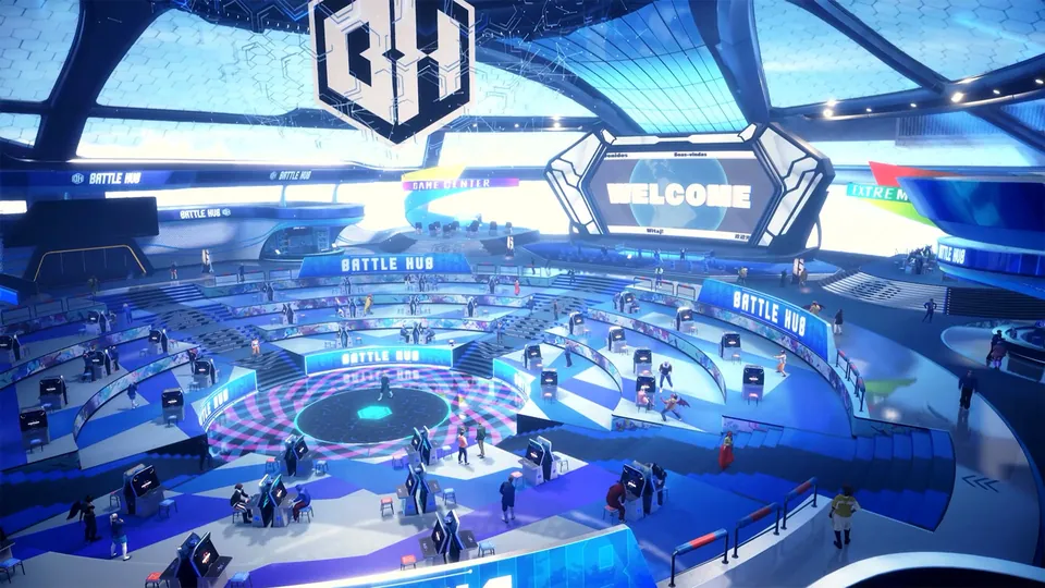 Rows of arcade cabinets fill the brightly lit Battle Hub arena under a giant welcome sign in Street Fighter 6 on Nintendo Switch 2
