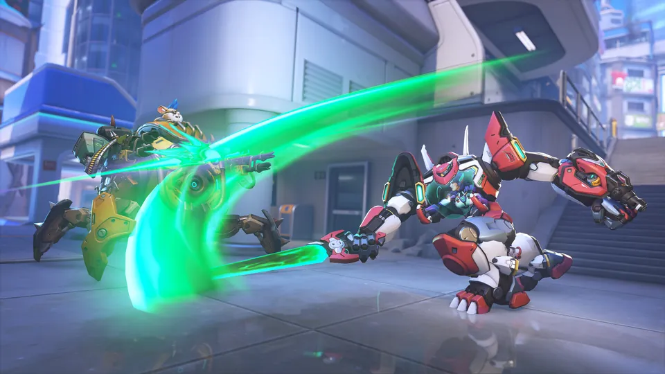 A red and white mech slashes a glowing green blade toward a yellow mech piloted by a hamster on a city street