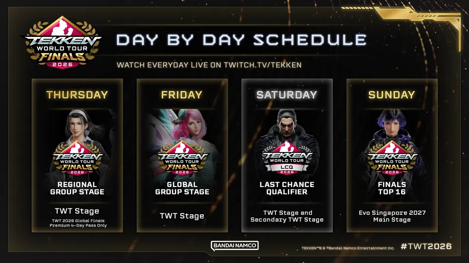 The day by day schedule of the Tekken World Tour 2026 Global Finals from Thursday to Sunday