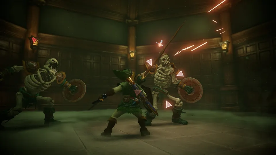Link fights two Stalfos skeleton warriors