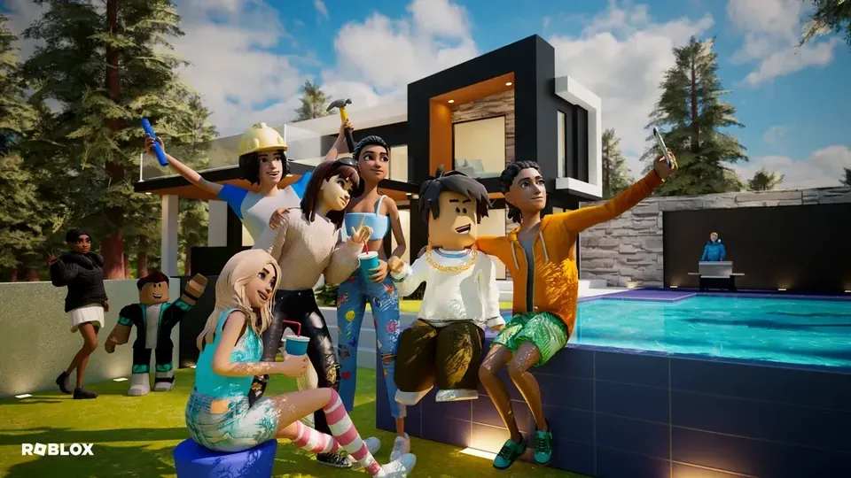 A group of Roblox avatars posing for a selfie beside a pool outside a modern house