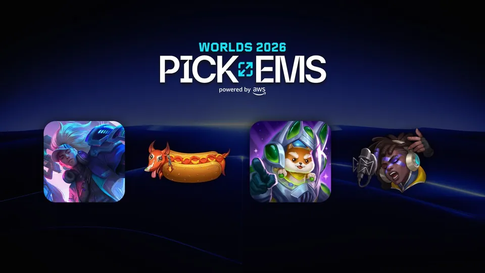 Worlds 2026 Pick'Ems title card, powered by AWS, with four reward icons in a row below the logo
