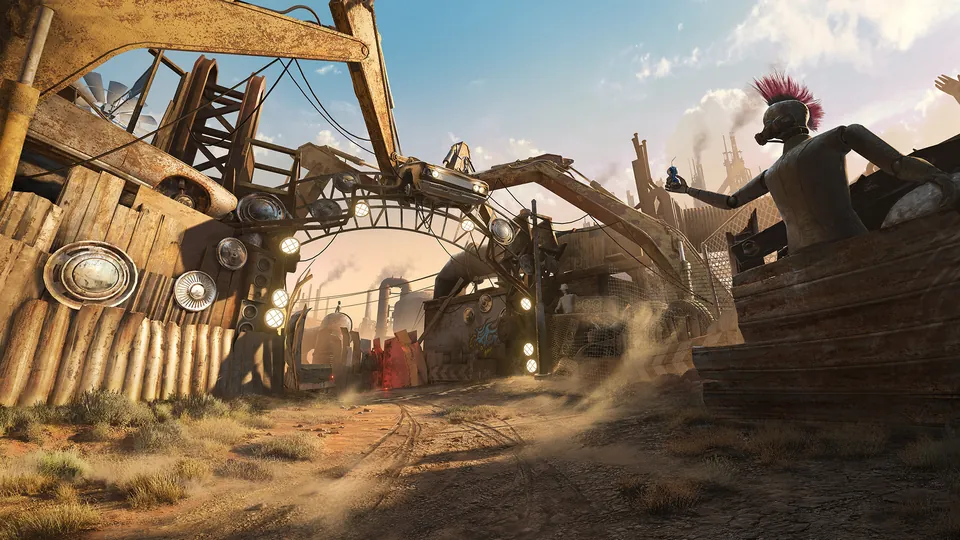 The Wasteland Circuit drone track in Rainbow Six Siege, a desert junkyard course with a scrap metal arch, hubcaps and a figure statue with a red mohawk