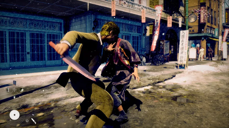 A fighter in a long coat swings a blade at an enemy on a snowy street
