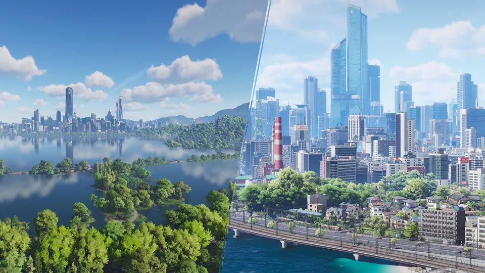A split view of two cities, one by a green lake and one of skyscrapers by the water, in Ananta