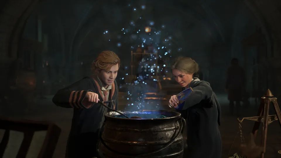 Two Hogwarts students brew a glowing blue potion over a cauldron in a dim castle classroom