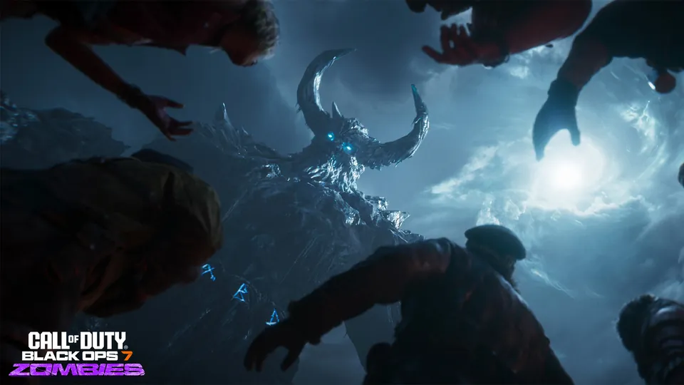 A horned giant looming in a stormy sky above grasping zombie hands in Totenreich