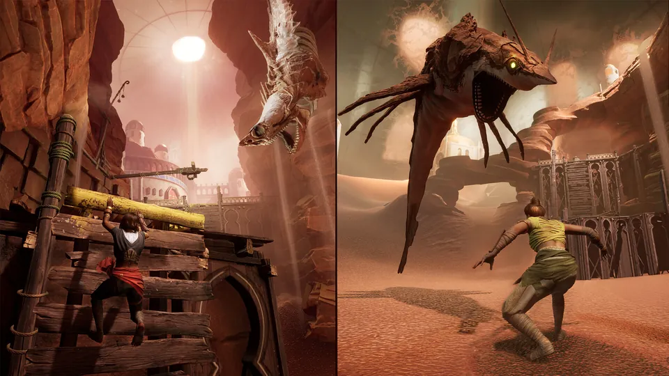 A giant flying creature rises out of a desert storm above a lone fighter on a split screen in Split Fiction