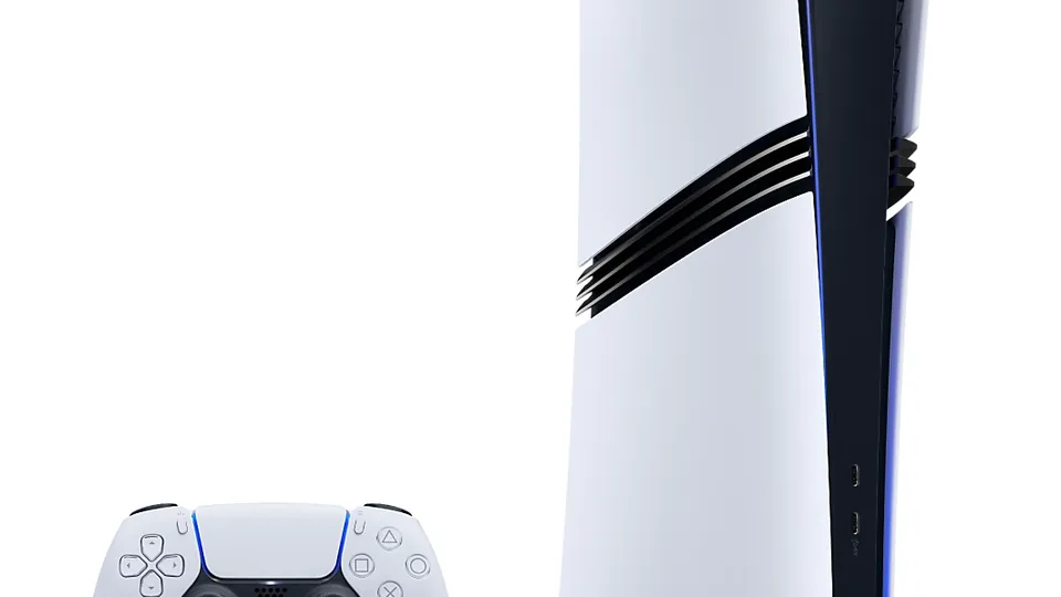 The PS5 Pro standing upright next to a DualSense controller