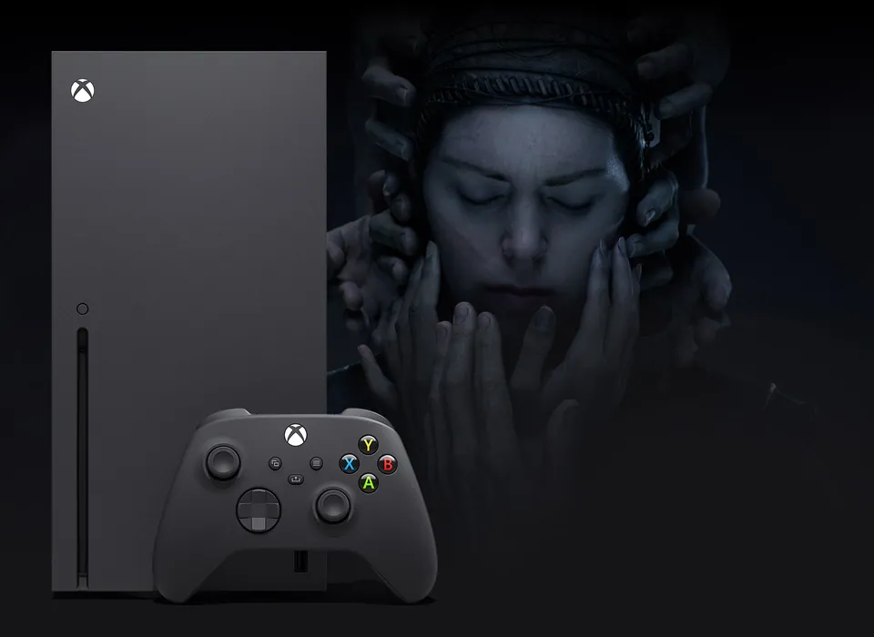 Black Xbox Series X and controller beside a close-up of a face with eyes closed and hands raised