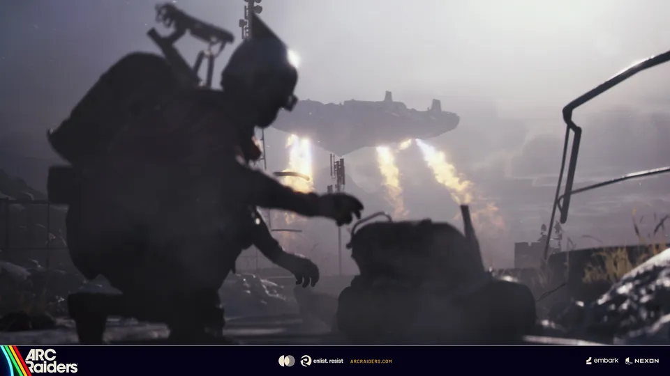 A Raider crouches in the dark as the Frigate fires engines overhead in ARC Raiders