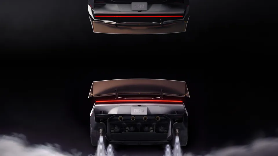 Two views of the new Tesla Roadster from behind, the lower one firing its thrusters in a cloud of gas