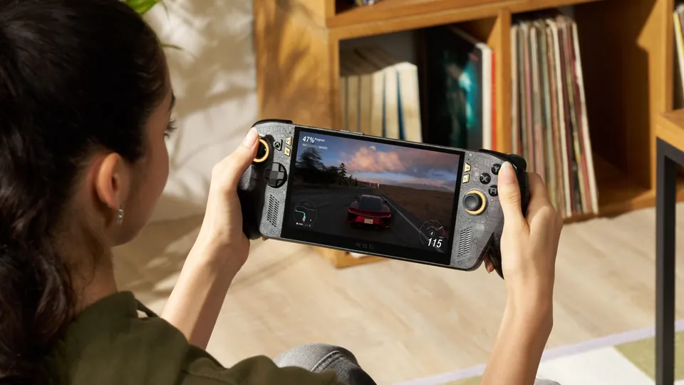 A player races on the larger OLED screen of the ROG Xbox Ally X20