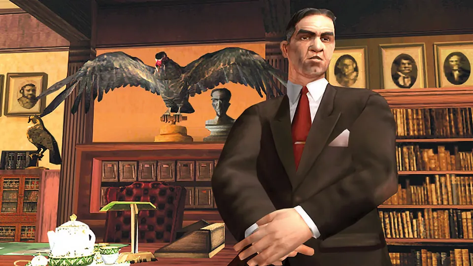 A stern headmaster in a dark suit stands in a wood-paneled office with a stuffed eagle and portraits in Bully