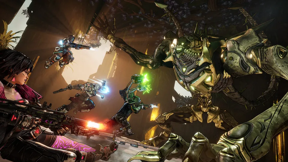 A squad of Vault Hunters fires at a towering armored creature inside a sunlit cavern in Borderlands 4