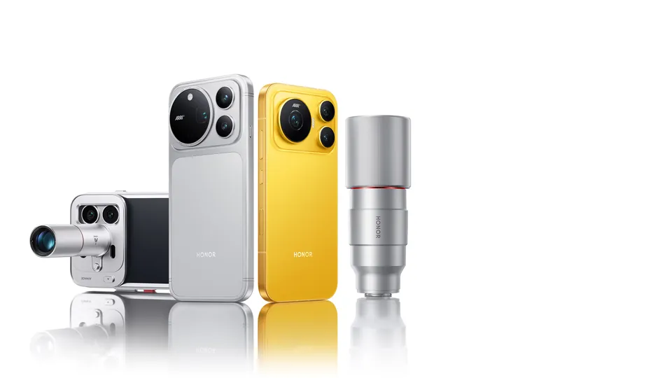 Two Honor Magic 9 series phones in white and yellow with Honor's add-on telephoto lens and camera grip