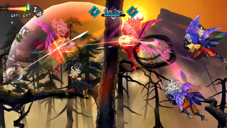A fighter clashes with winged bird demons among pine trees at sunset in Muramasa: Revenant Blades