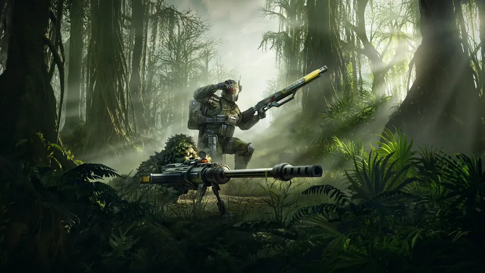 Two Helldivers in ghillie-style armor in a misty jungle, one aiming a long anti-materiel rifle from the ground