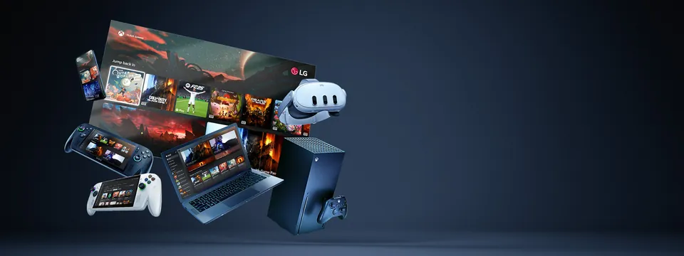Xbox games on a TV, laptop, handhelds, a phone, a headset and an Xbox Series X in Microsoft's art