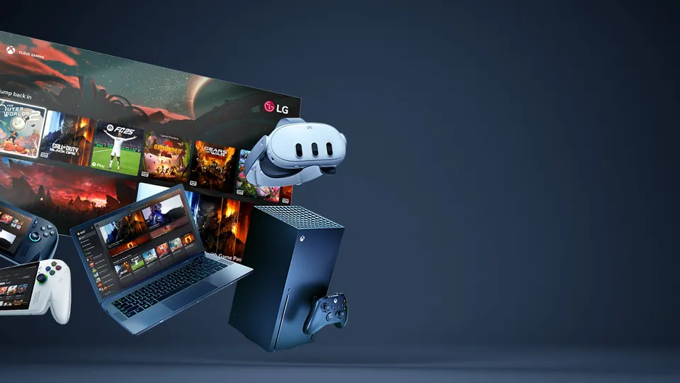 Xbox games on a TV, laptop, handhelds, a phone, a headset and an Xbox Series X in Microsoft's art
