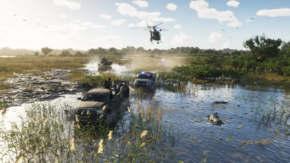 An airboat crossing a swamp in Grassrivers while a helicopter hovers overhead