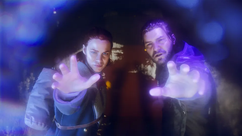Two characters reach toward the camera with glowing purple paranatural energy in Control Resonant