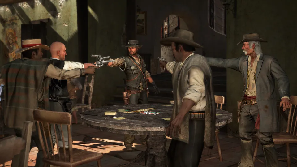 Gunmen point revolvers at each other across a card table in a dim saloon in Red Dead Redemption on Nintendo Switch 2