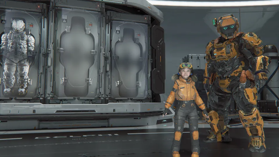 Hugh in the yellow Heavy Lifter armor stands beside Diana in the orange Mecha Builder outfit in the Shelter in Pragmata