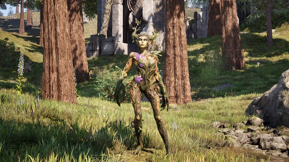 A spriggan made of bark and leaves stands among tall redwood trees in a sunny forest