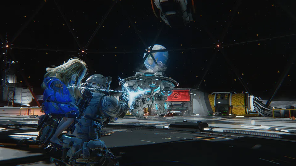 Pragmata scene of Diana on Hugh's back as a blue energy beam hits a robot inside a lunar base