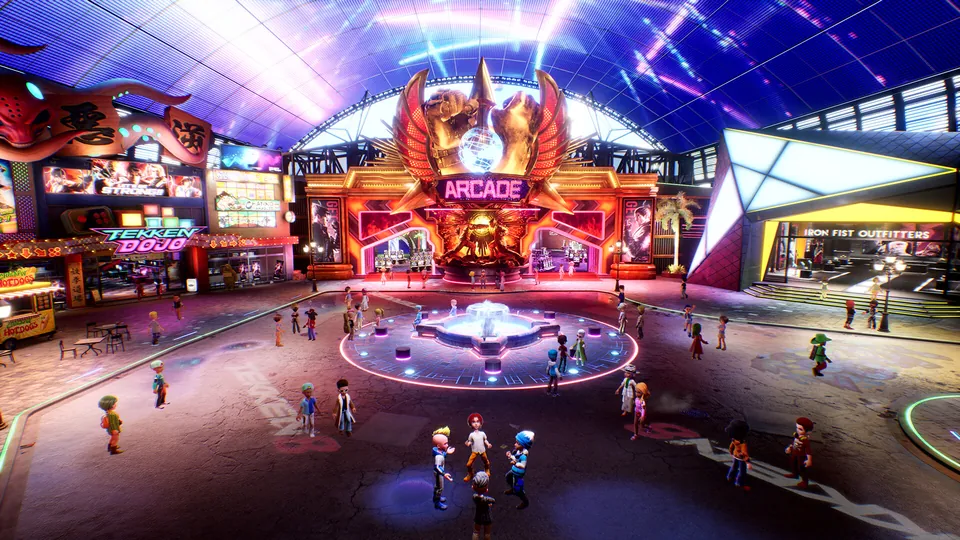 Small player avatars gather in a neon-lit hub with an Arcade sign and a Tekken Dojo in Tekken 8