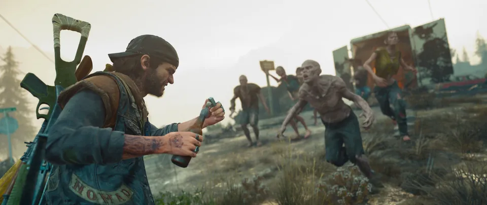 Deacon St. John readies a Molotov cocktail as Freakers close in across a field in Days Gone