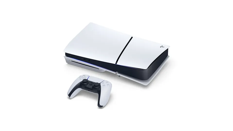 A white PS5 with a disc drive lying flat, with a DualSense wireless controller in front of it.
