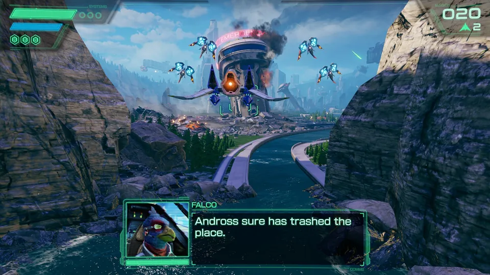 An Arwing flies down a river canyon toward a damaged city tower as enemy ships swarm overhead on Corneria in Star Fox on Nintendo Switch 2
