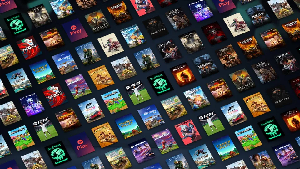 Rows of Xbox Game Pass game tiles laid out at an angle in Microsoft's 2025 holiday art