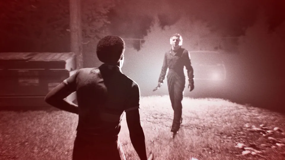 A Civilian facing Michael Myers as Michael walks out of the fog with a knife in Halloween: The Game