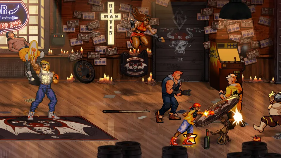 Fighters battle inside a wooden bar lit by candles in Streets of Rage 4