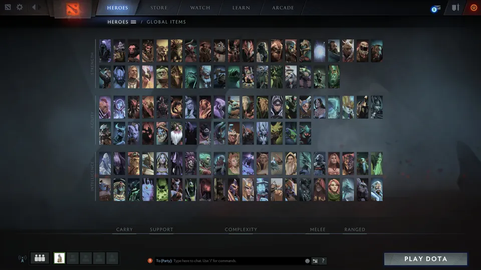 Dota 2 heroes menu with a grid of more than 100 hero portraits and a Play Dota button