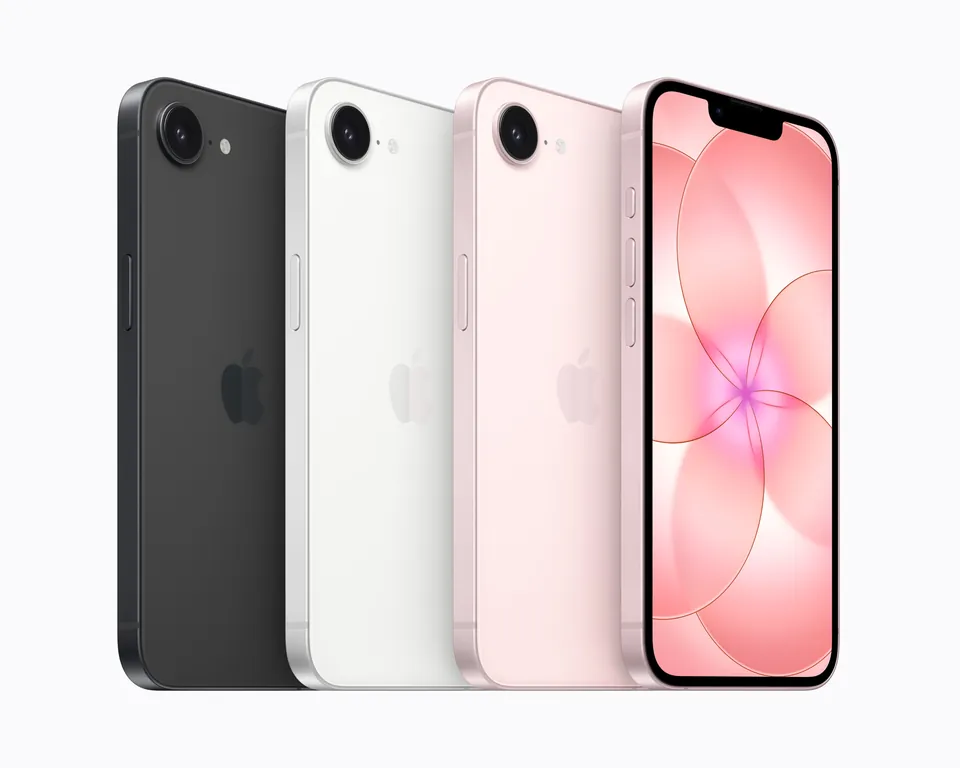 The iPhone 17e in black, white and soft pink from the back, next to one showing its display