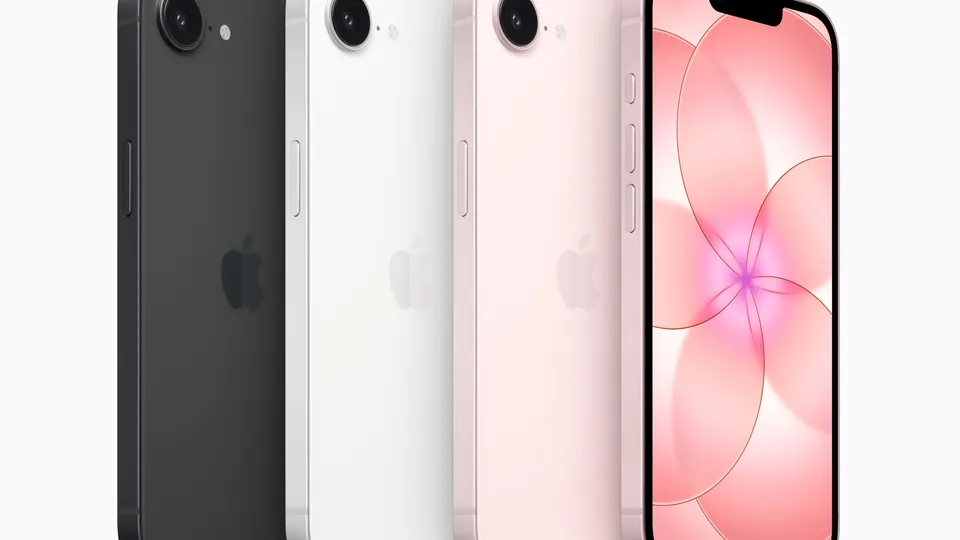 The iPhone 17e in black, white and soft pink from the back, next to one showing its display