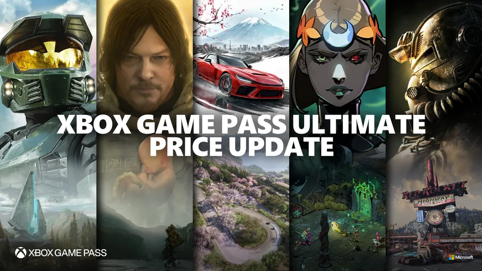 Game characters including Master Chief behind white text announcing a Game Pass Ultimate price update