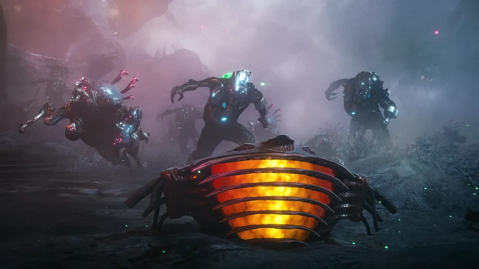 Three Warframes closing in on a glowing orange ribbed pod in a purple mist on Eris